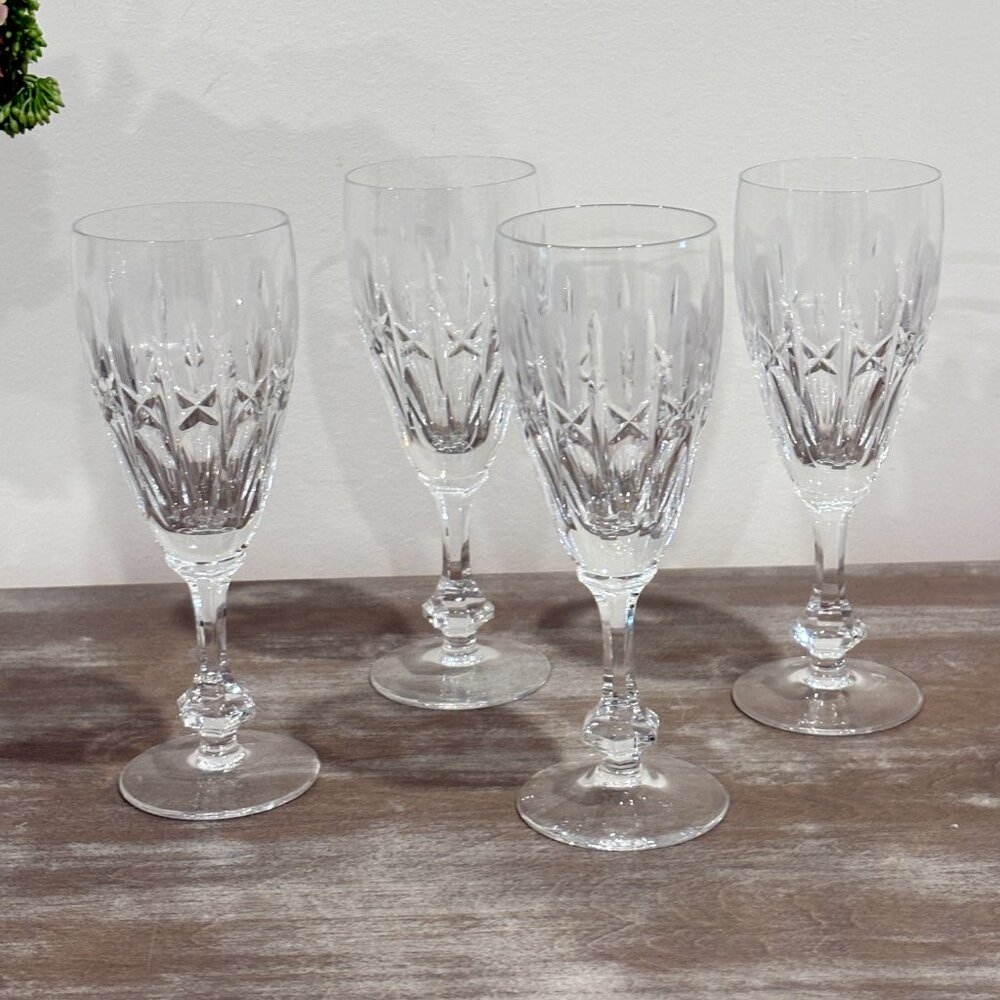 Vintage Imported From Italy Set of 4  Crystal Diamond cut Champagne Flutes